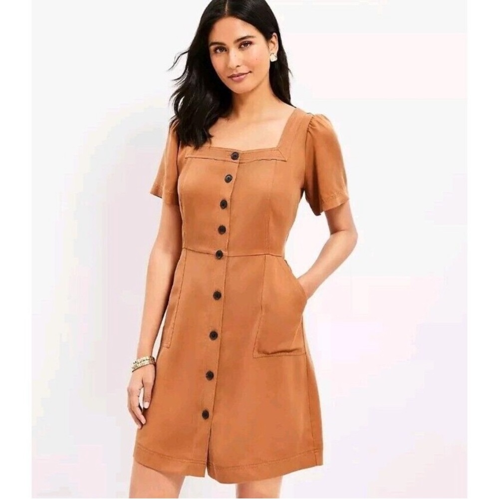 Loft Emory Square Neck Button Front Pocket Dress Size 4 Tan Brown MSRP$89